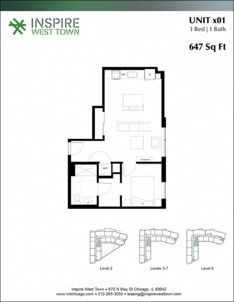 Floor plan for 1 bed, 1 bath, 647 sqft